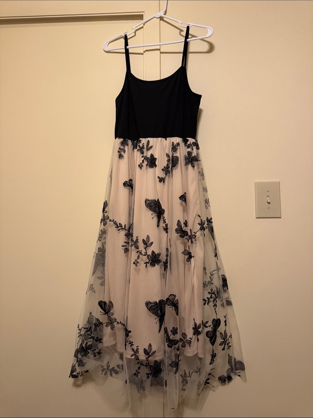 Black Tank Bodice Floral Embroidered Tulle Midi Dress